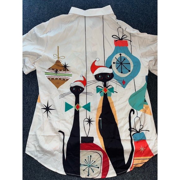 New Hawalili Retro Christmas Cats Short Sleeve Button Up Polyester Shirt Mens XL - Picture 4 of 6
